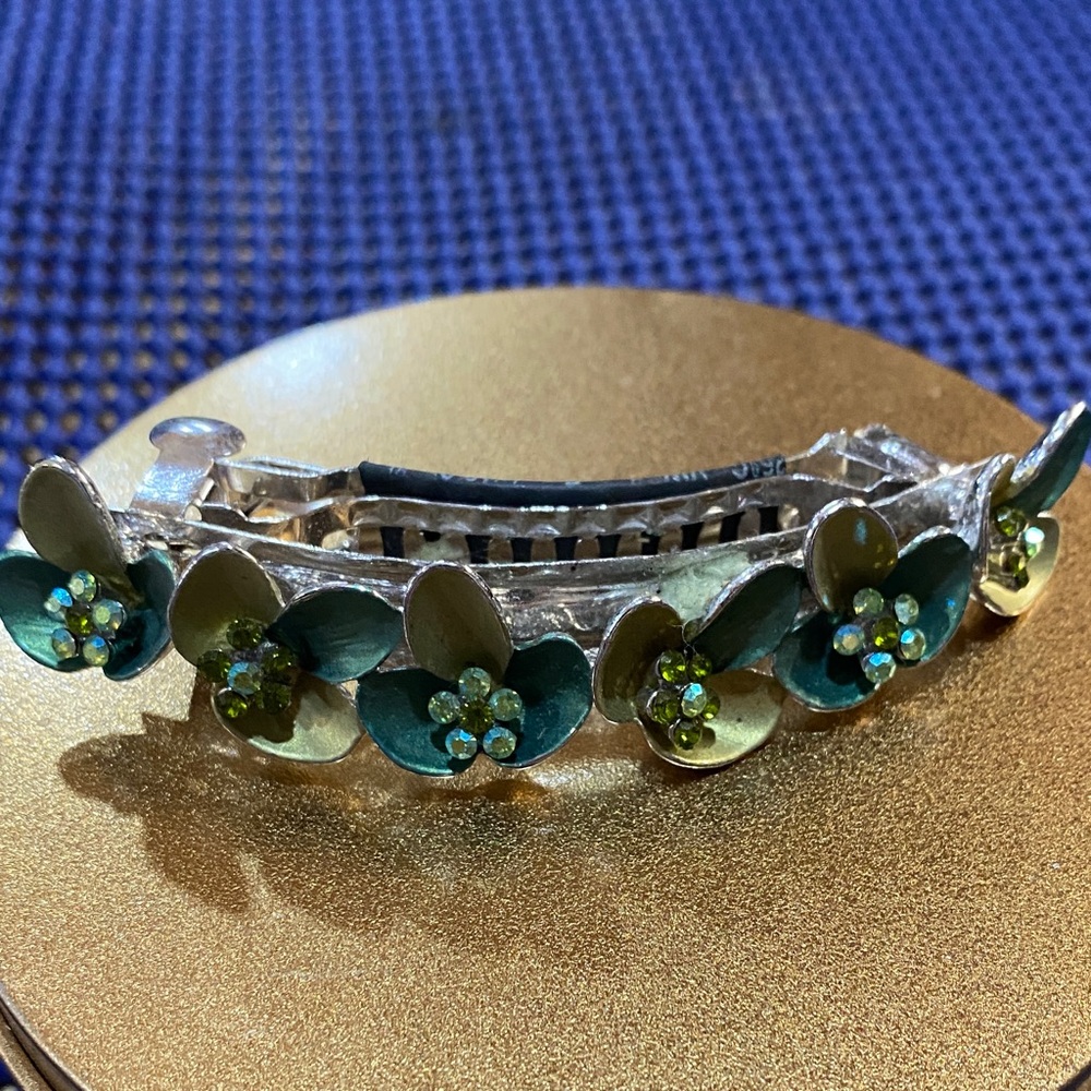 Floral Gold and Green Barrette 4 inches in length - Picture 5 of 7